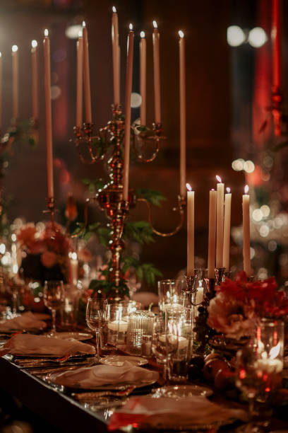 istock Beautiful table setting for family Christmas dinner at home. Cozy atmosphere, candlelight. 2157187760