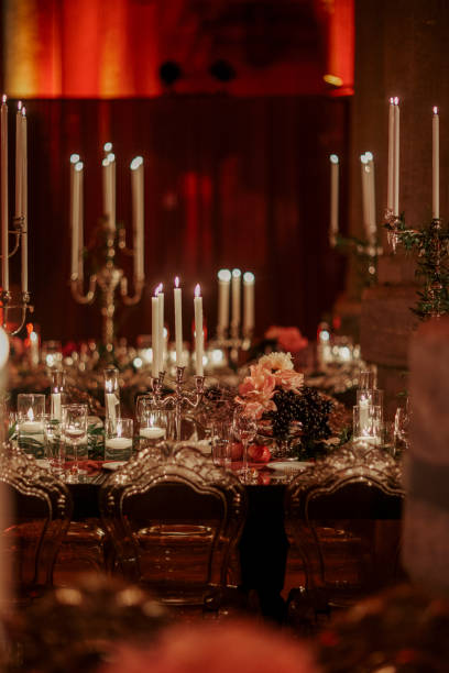 istock Beautiful table setting for family Christmas dinner at home. Cozy atmosphere, candlelight. 2157187886