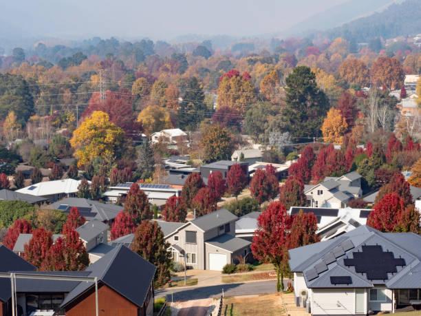 High angle view of the town of Bright in Autumn, in the Ovens Valley, Victorian High Country