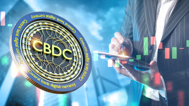 CBDC coin near investor with tablet. Central bank digital currency. National cryptocurrency fluctuation chart. Bank analyst monitors CBDC rate. Replacing fiat money with CBDC. Blockchain technology moneda cbdc cerca del inversor con tableta. moneda digital del banco central. gráfico nacional de fluctuación de criptomonedas. analista bancario monitorea la tasa de cbdc. sustitución del dinero fiduciario por cbdc. tecnología blockchain