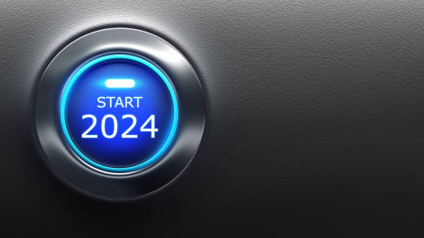 istock Start 2024. Round button to start new year. 2024 business background. Start button with led back-light. Beginning of 2024. Concept of new stage for business. Christmas, Xmas. 3d image 2157198444