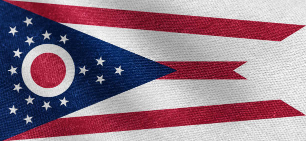 The Ohio state flag waving in the wind on a clear day. Ohio is a state in the Midwestern region of the United States. 3d illustration