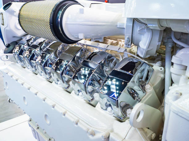 istock Marine diesel engine. White motor for ship. Internal combustion engine from speedboat. Marine motor for use in shipbuilding. Diesel engine with chrome elements. Marine motor with filter. 2157200249