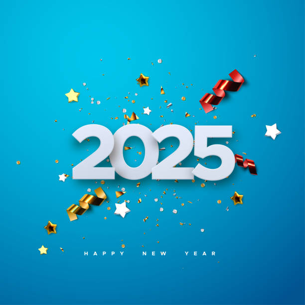 istock Happy New 2025 Year. Vector holiday illustration of 2025 paper numbers with sparkling confetti particles 2157201896