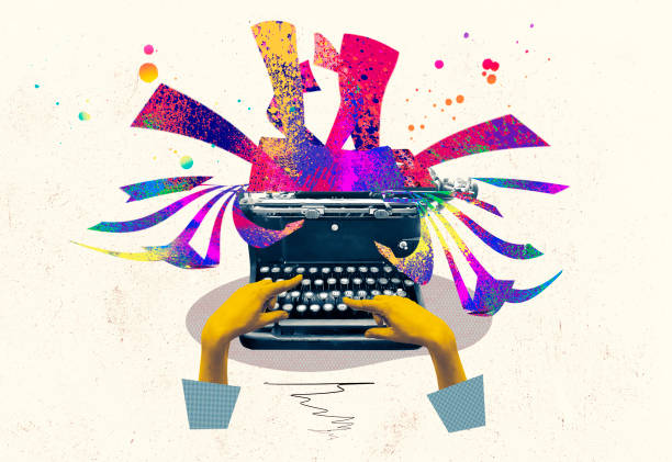 istock Pop art collage. Female hand typing on retro typewriter over creative design background. 2157202324