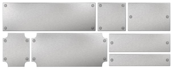 Steel plaque with rivets. Isolated metallic nameboards set. 3D rendering.