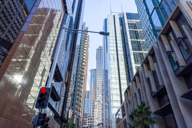 Low angle view of modern office buildings, skyscrapers, Sydney NSW, background with copy space, full frame horizontal composition