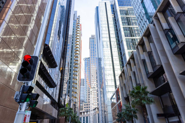 Low angle view of modern office buildings, skyscrapers, Sydney NSW, background with copy space, full frame horizontal composition