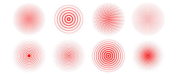 sada červených soustředných kruhů. kolekce radiálního sonaru nebo prstence zvukových vln. polotóny, přerušované a tečkované čáry epicentrum, cíl, radar ikona symbolu. zvlněné soustředné signální vibrační prvky. vektor - rázová vlna stock ilustrace