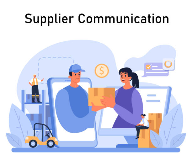 Supplier Communication concept. Flat vector illustration Supplier Communication concept. Seamless interaction in the supply chain captured as a courier hands over a package to a businesswoman, with digital finance icons symbolizing transaction efficiency. supplier relationship management stock illustrations