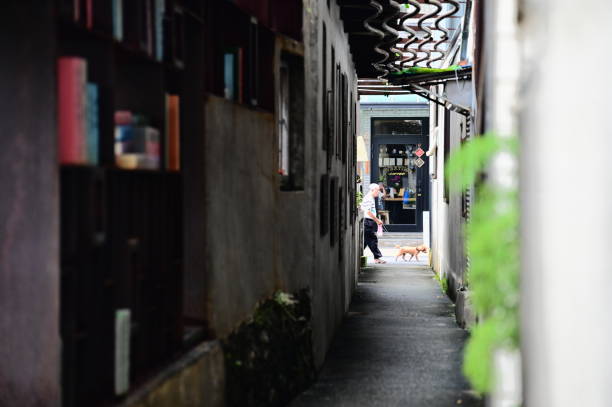 Taiwan - 05.25.2024: In Taiwan's aging society, elderly people walking with their pets has become a common scene in daily life, promoting physical activity, emotional bonding, and social integration.