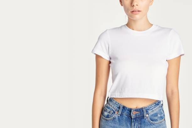istock Women in a sexy white cropped top with design space 2157217801