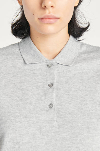 Woman wearing a gray collared shirt mockup