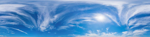 istock Blue summer sky panorama with light Cirrus clouds. HDR 360 seamless spherical panorama. Full zenith or sky dome for 3D visualization, sky replacement for aerial drone panoramas. 2157221850