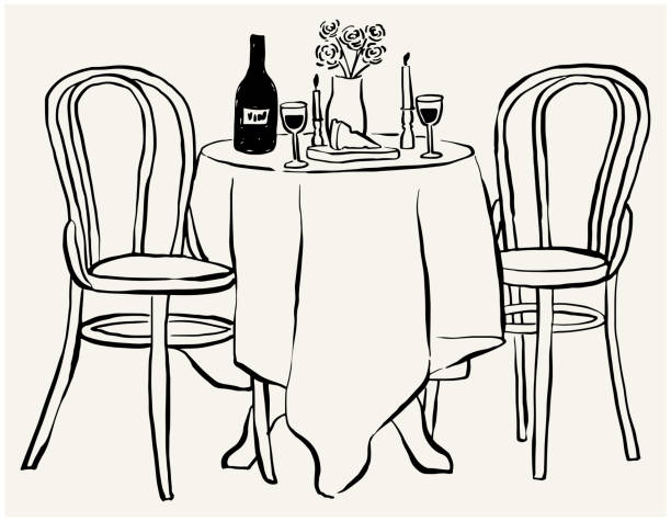 illustrations, cliparts, dessins animés et icônes de illustration vectorielle de table de dîner dessinée à la main. paysage de table pour invitation, papeterie ou image de marque. icône de dîner pour l’invitation à une fête - dîner