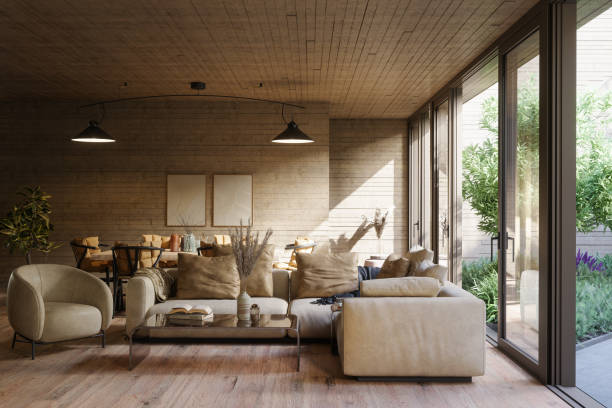 istock Modern Living Room Interior With Corner Sofa, Armchair, Dining Table And Coffee Table. Empty Frames Hanging On The Wall 2157224807