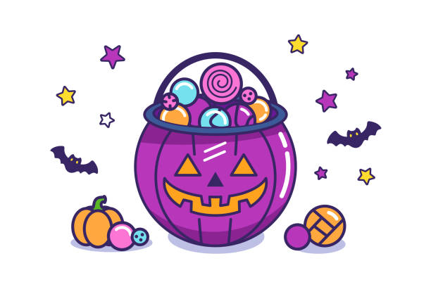 Halloween pumpkin bucket illustration. purple. Line and fill vector Halloween pumpkin bucket illustration. spider cupcakes stock illustrations