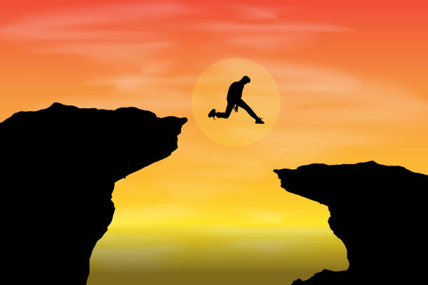 istock Man jumping over cliff on sunset background vector, Business concept idea. Silhouette, a man jumping on the mountain Courage and Confidence concept vector. 2157226367