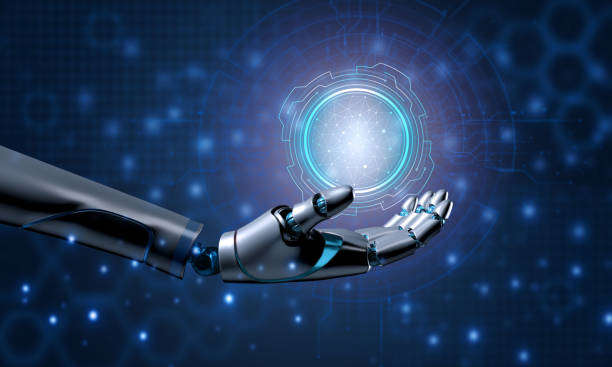 istock Hand holding arm circle round element technology robot futurist cyborg science future intelligence artificial ai copy space innovation machine digital human connection electronic engineering industry 2157227340