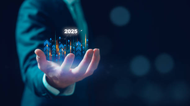 istock Businessman holding increase arrow graph corporate future growth year 2025. Planning, opportunity, challenge and business strategy. New Goals, Plans and Visions for Next Year 2025 2157228087