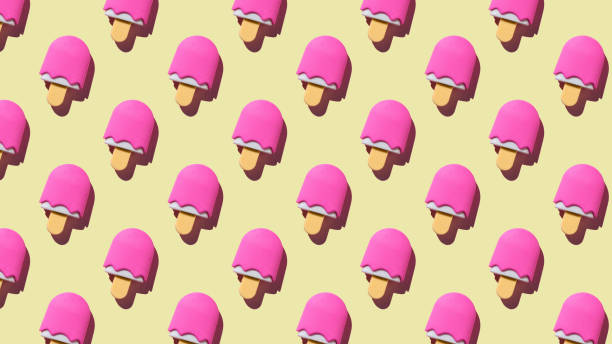 Bright Pink Ice Cream Cones Pattern on Light Yellow Background - Fun, Quirky, Summer-themed Stock Photo
