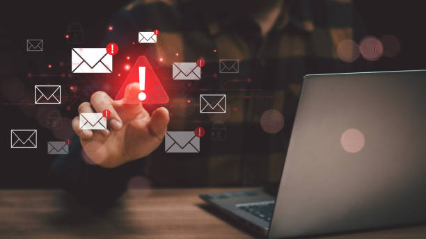 istock Email inbox alert and spam virus with warning, email security protection alert, new email notification and internet communication concept, email technology icon, junk mail compromised information 2157235391