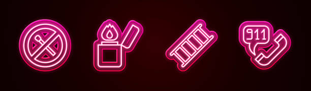 istock Set line No fire match, Lighter, Fire escape and Telephone call 911. Glowing neon icon. Vector 2157235571