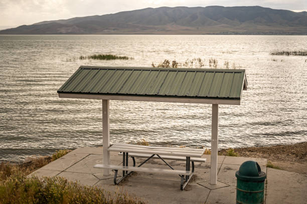 Picnic Table Eating Area Next to Utah Lake Water Area