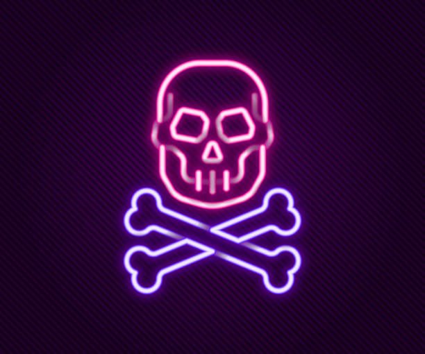 istock Glowing neon line Skull on crossbones icon isolated on black background. Happy Halloween party. Colorful outline concept. Vector 2157240221