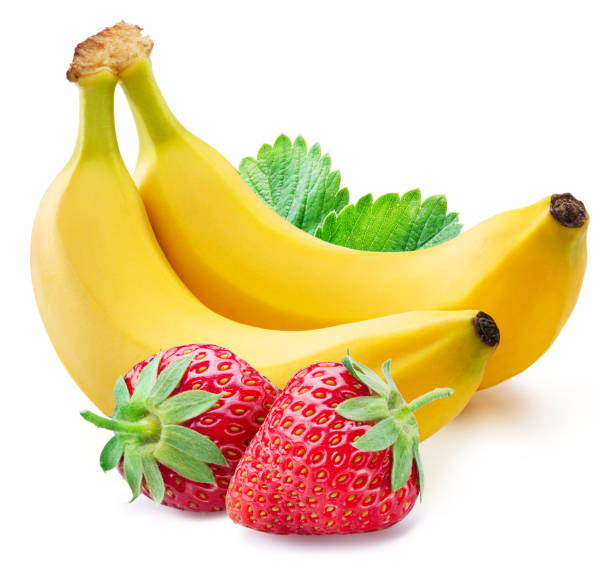 istock Yellow ripe bananas and strawberres isolated on white background. 2157243442