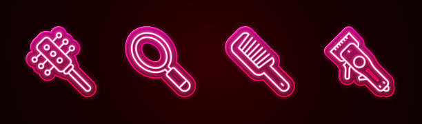 istock Set line Hairbrush, Hand mirror, and Electrical hair clipper. Glowing neon icon. Vector 2157246715