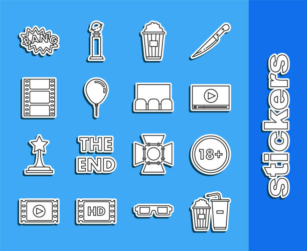 Set line Popcorn and soda drink glass Under 18 years Online play video cardboard box Balloon with ribbon Play Video Bang boom text speech bubble balloon and icon. Vector.