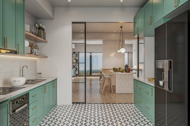 istock 3D rendering of a kitchen with green cabinets and kitchen utensils. 2157248590