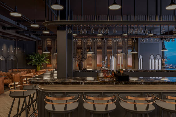 Create an upscale, modern restaurant with stools in white golden accents on the bar counter