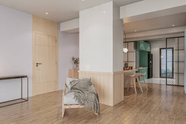 istock Creative and modern open area interior, wooden armchair on the herringbone parquet 2157248640