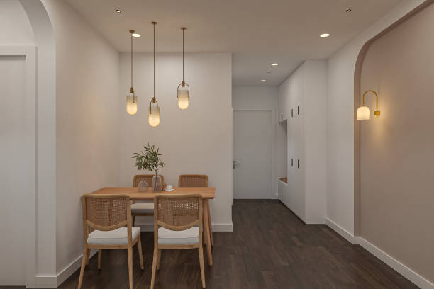 istock Classic dining room with wooden table and chairs, parquet floor 2157248765