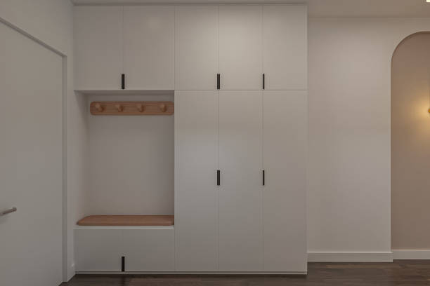 istock modern apartment design with white walls, doors and shoe cabinet 2157248897