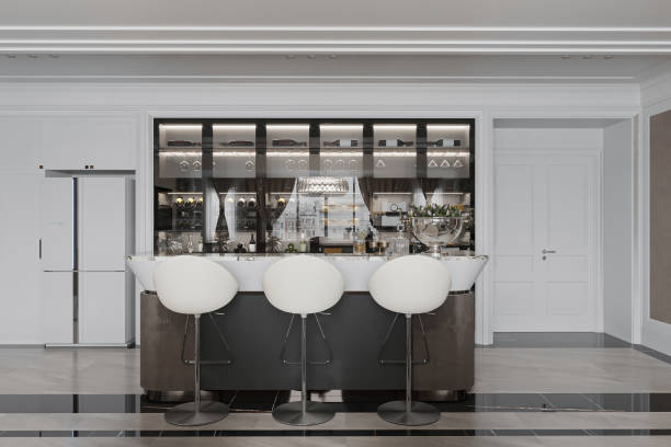 istock beautiful bar interior with white marble counter and stoolbeautiful bar interior with white marble counter and stools in a modern apartment houses in a modern apartment house 2157249324
