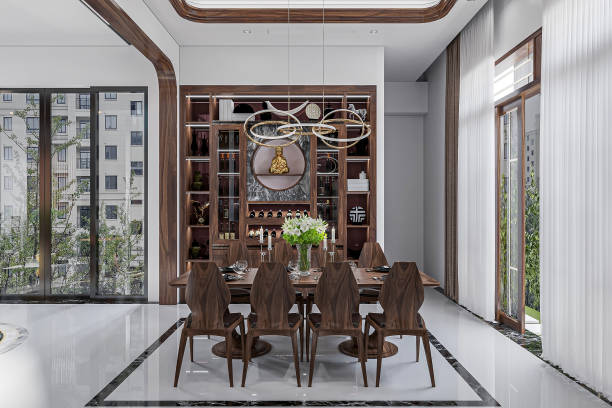 istock Dining Room Interior Design Rustic Glam Series with wooden table and chairs 2157249354