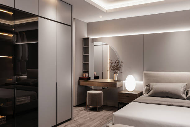 istock elegant and modern bedroom design, big bed with overcoat cabinet, console table 2157249364