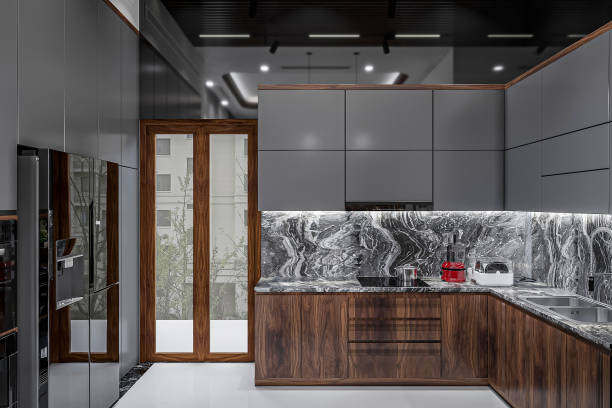 istock Modern matte black kitchen with a marble countertop to create a modern and stylish look 2157249428