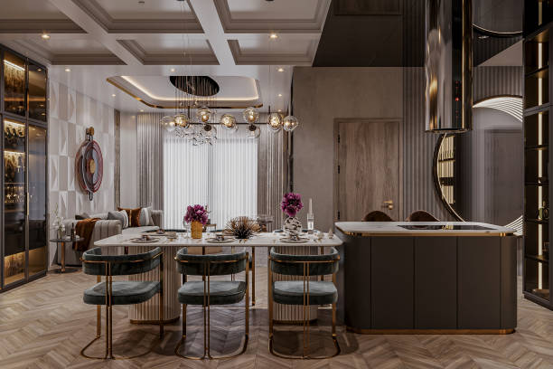 istock Regal dining Elegance with Crystal Chandelier and mint chairs with dining table 2157249749