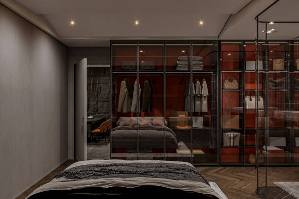 istock A luxurious and modern bedroom with a large wardrobe and a bed 2157249988