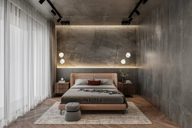 istock Luxury comfy bedroom interior design with grey comfy bed, gray wall marble texture and window. 2157250118