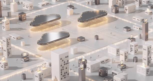 Envision a sleek, modern city of the future with buildings systematically aligned on a grid
