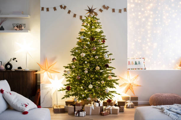Interior design with Christmas tree with gifts and lights