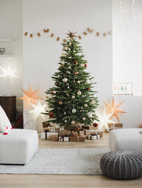 istock Interior design with Christmas tree with gifts and lights 2157250700