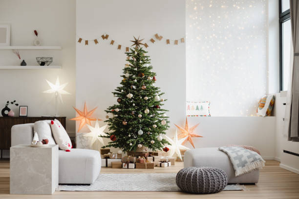 istock Interior design with Christmas tree with gifts and lights 2157250716