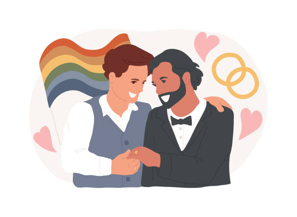 Civil union isolated concept vector illustration. Civil union isolated concept vector illustration. Civil homosexual partnership, same sex, two grooms, wedding day rings, gay or lesbian couple, family law, intolerance and bias vector concept. gay wedding kiss stock illustrations