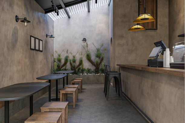 istock Interior of a cafe design with chairs, 3d render 2157251486